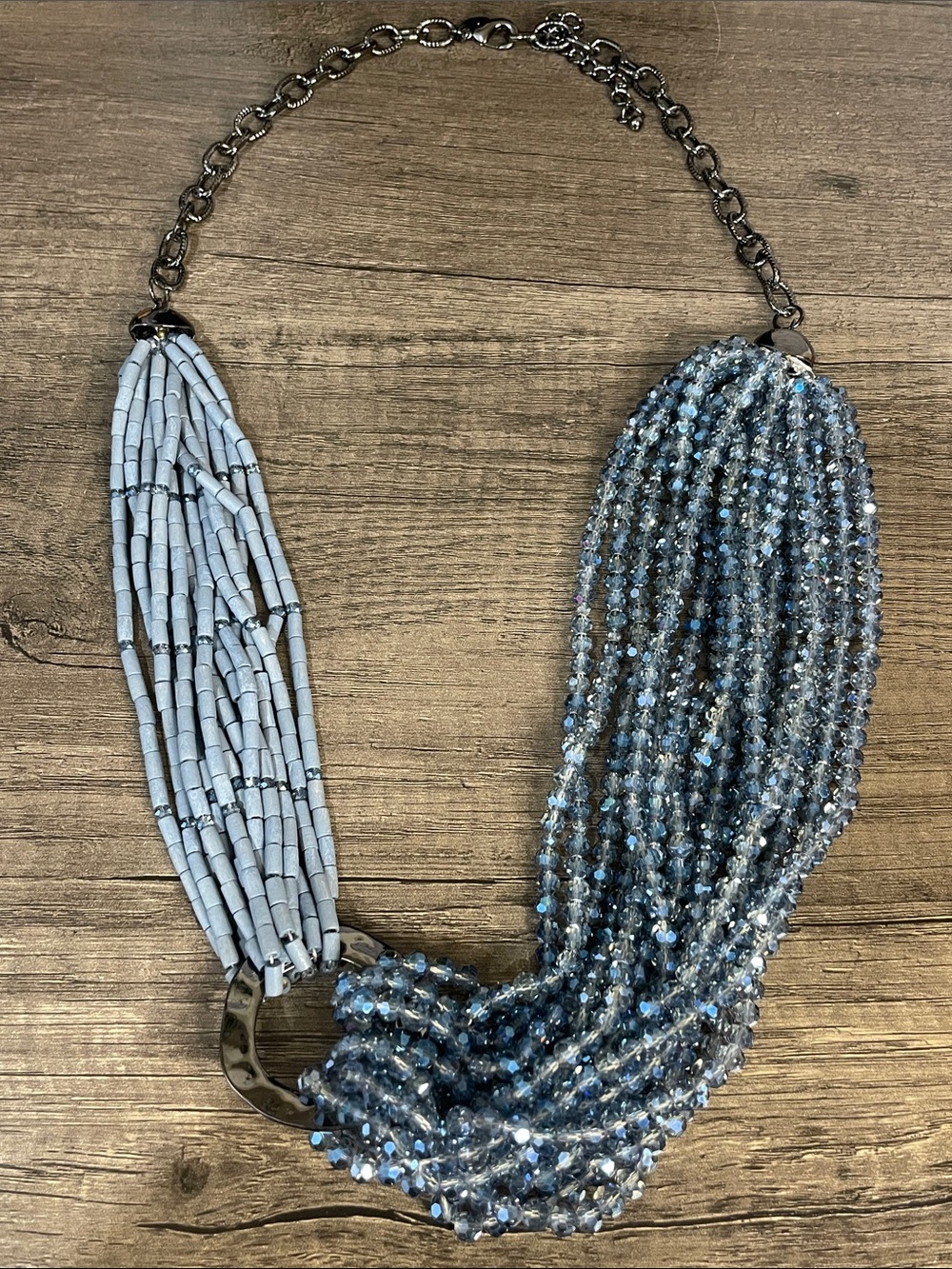 Chicos Multi-Strand Light Blue and Blue Crystal Beaded Necklace.